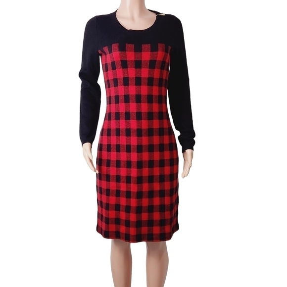 Talbots red & black shift plaid lambswool nylon blend sweater dress size: S - Picture 1 of 9